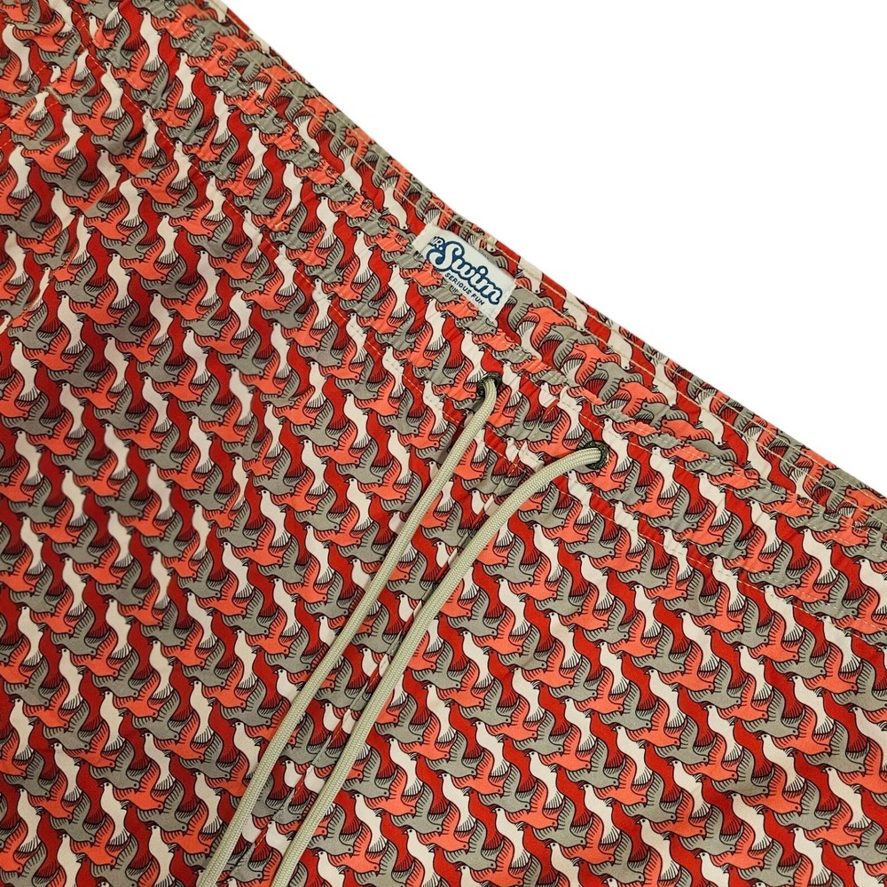 Mr. Swim Trunks Mens XXL Red Grey Bird Print Drawstring Mesh Lined 6" Inseam